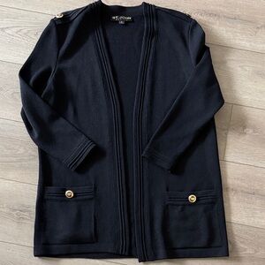 St. John Black Knit Open-Front Blazer Jacket with Gold Buttons